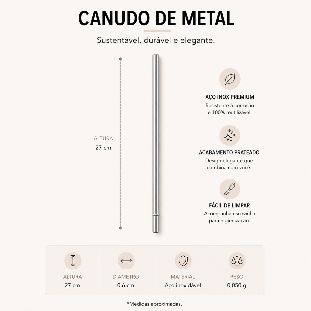 Canudo Metal 27cm para Garrafas e Quenchers | Prateado