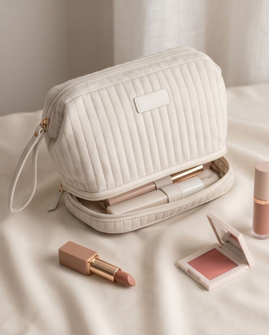 Necessaire Aveludada Cotelê 2 Bolsos com Zíper | Creme