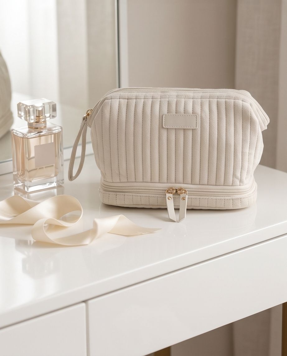Necessaire Aveludada Cotelê 2 Bolsos com Zíper | Creme