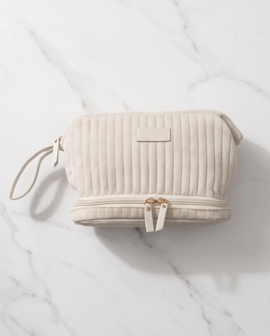 Necessaire Aveludada Cotelê 2 Bolsos com Zíper | Creme