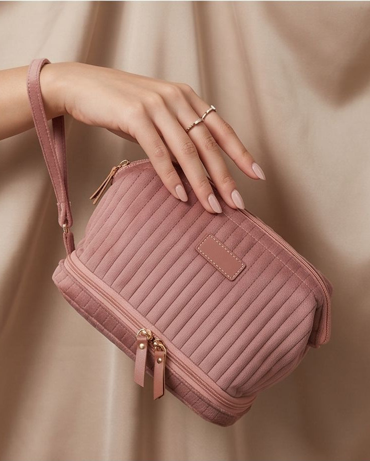 Necessaire Aveludada Cotelê 2 Bolsos com Zíper | Rosa