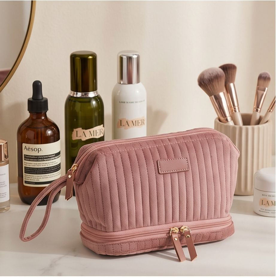 Necessaire Aveludada Cotelê 2 Bolsos com Zíper | Rosa