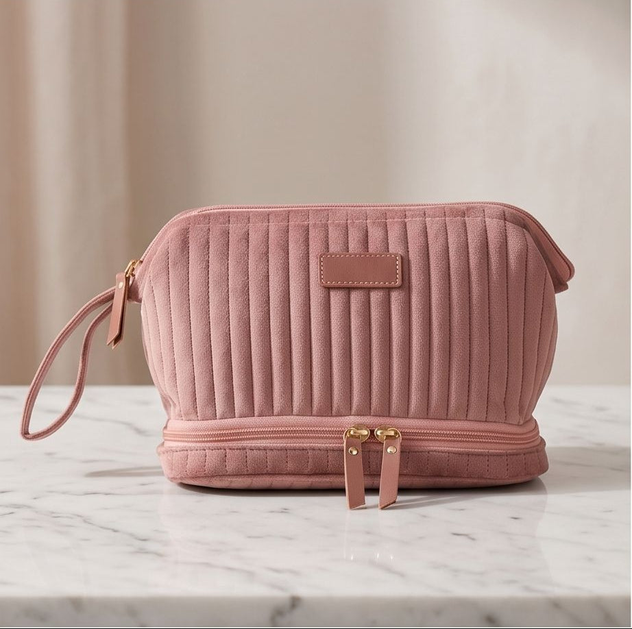 Necessaire Aveludada Cotelê 2 Bolsos com Zíper | Rosa