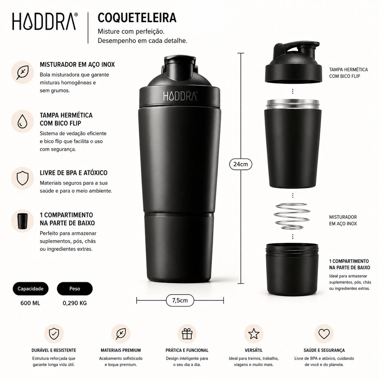 Coqueteleira 600ml Hiddra Motion - Preto