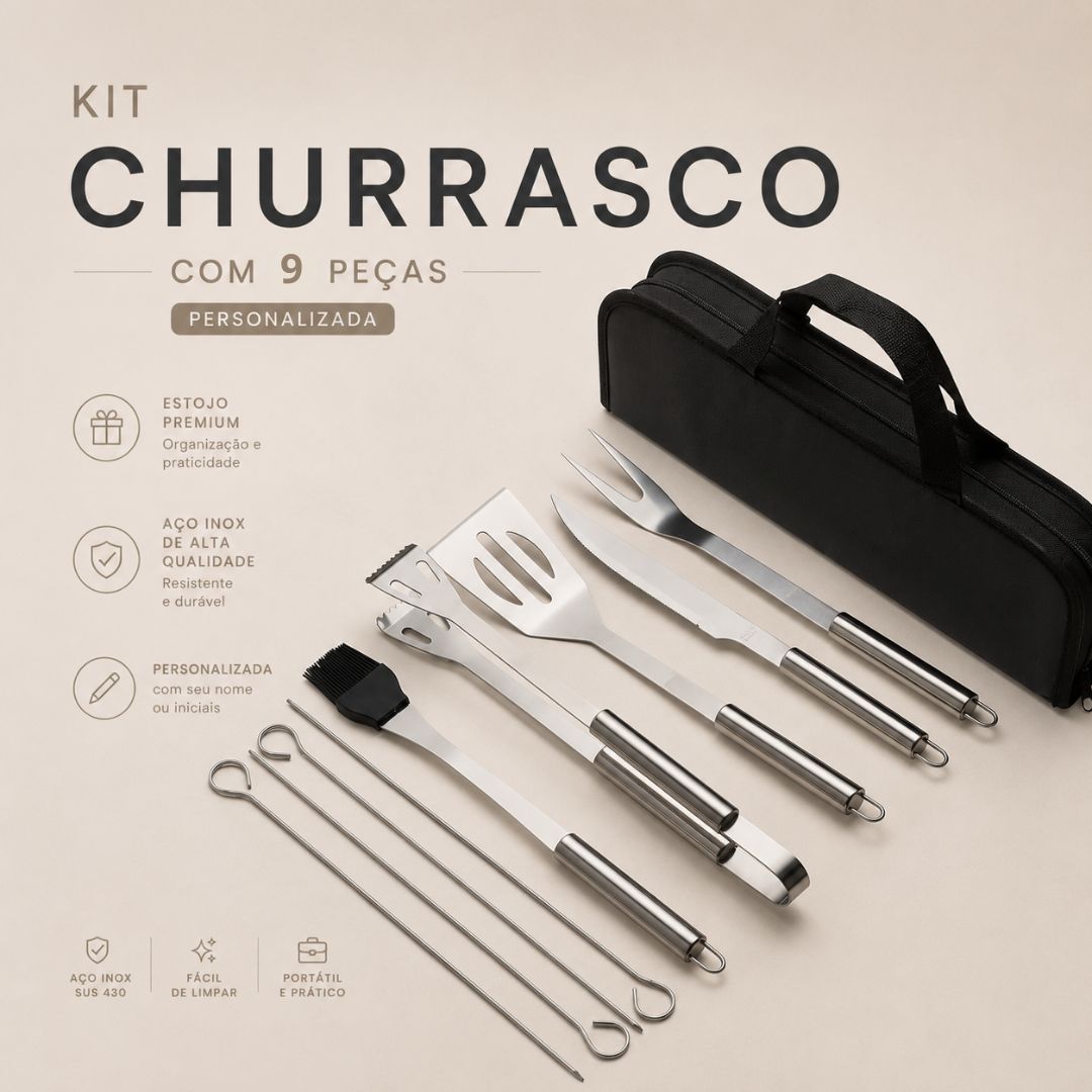 Kit Churrasco 9 Peças em Inox com Estojo