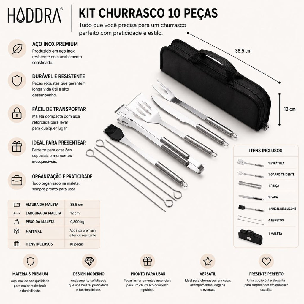 Kit Churrasco 9 Peças em Inox com Estojo