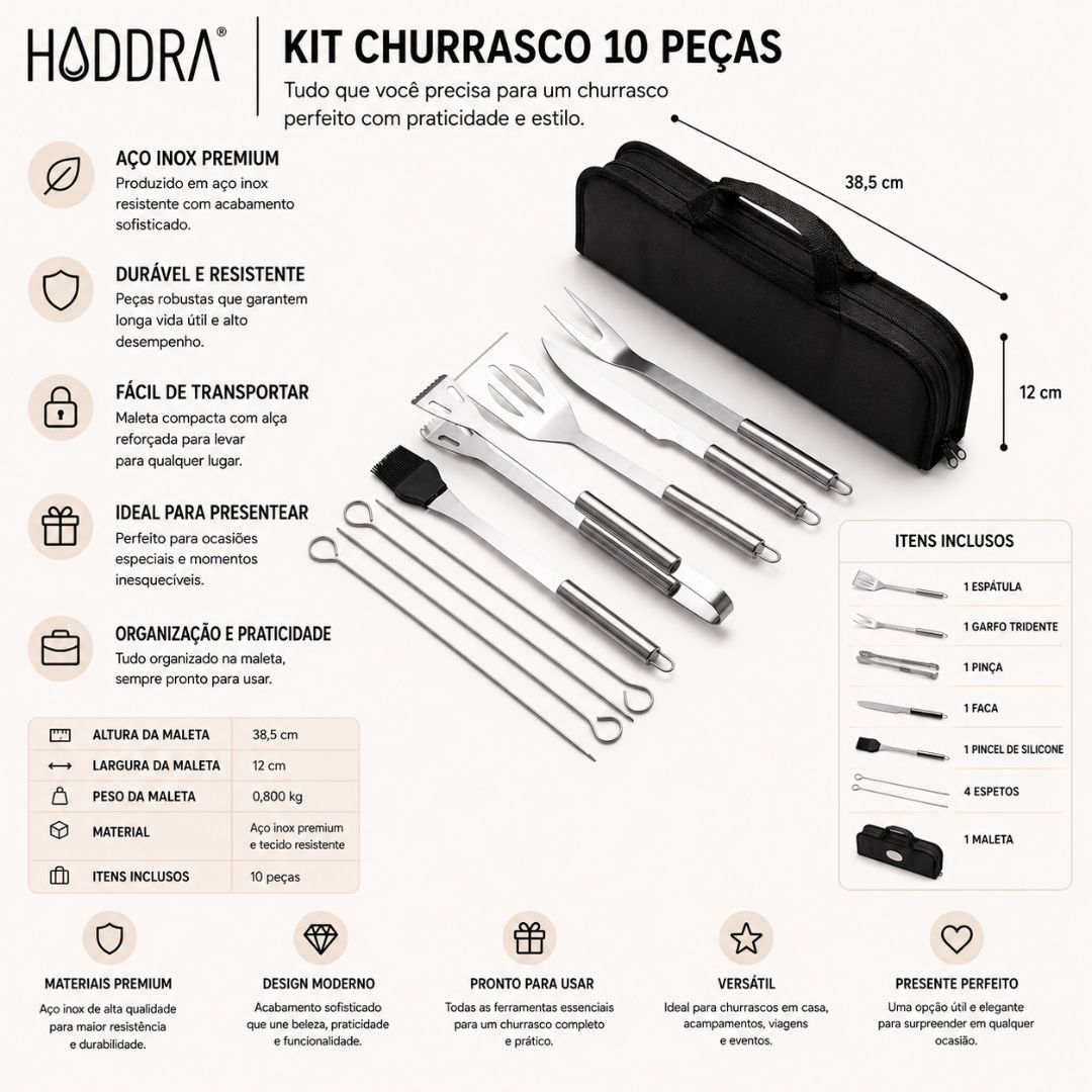 Kit Churrasco 9 Peças em Inox com Estojo