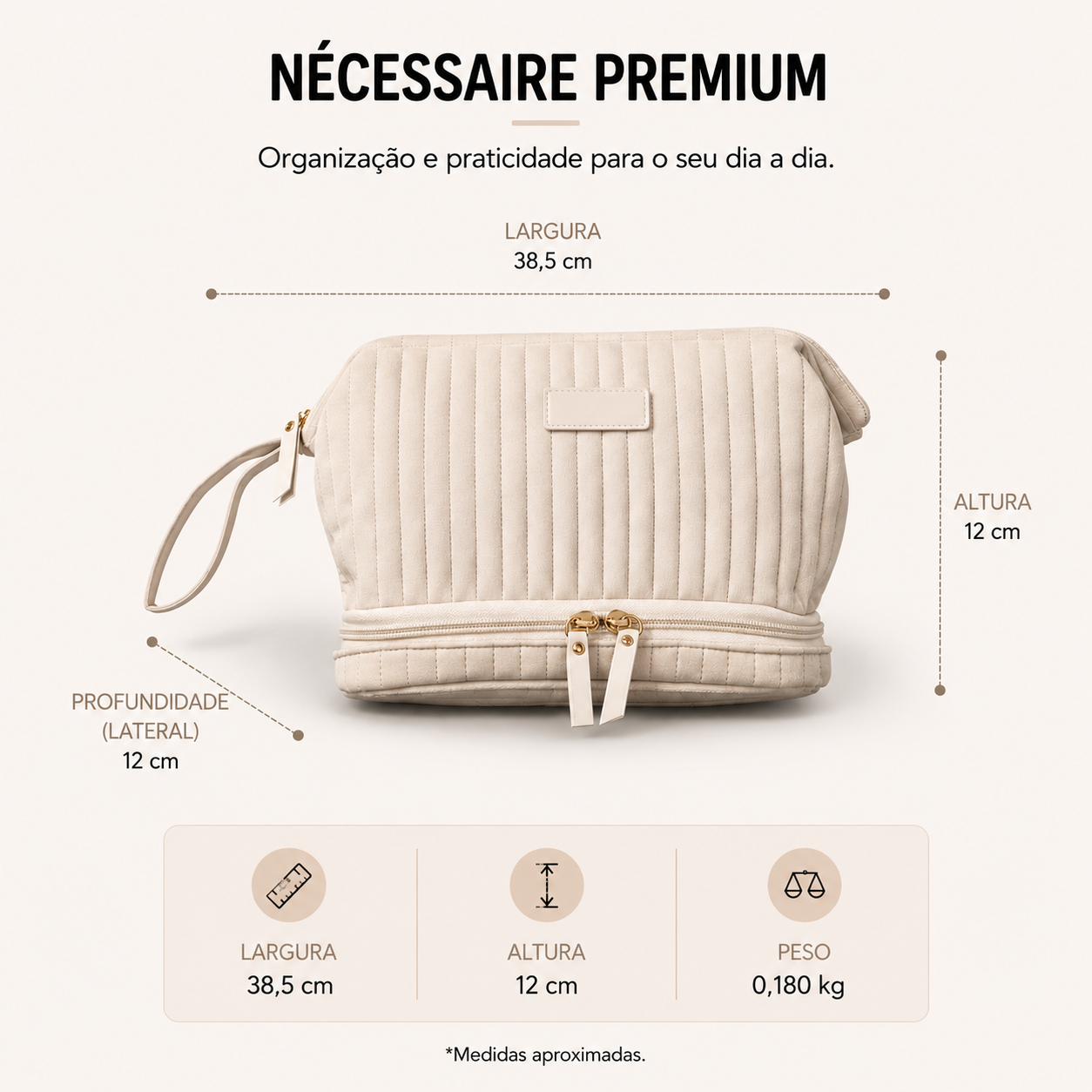 Necessaire Aveludada Cotelê 2 Bolsos com Zíper | Creme
